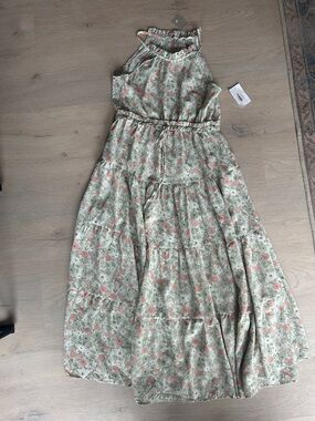 Floral Halter Maxi Dress in Sage Green with Pink Accents